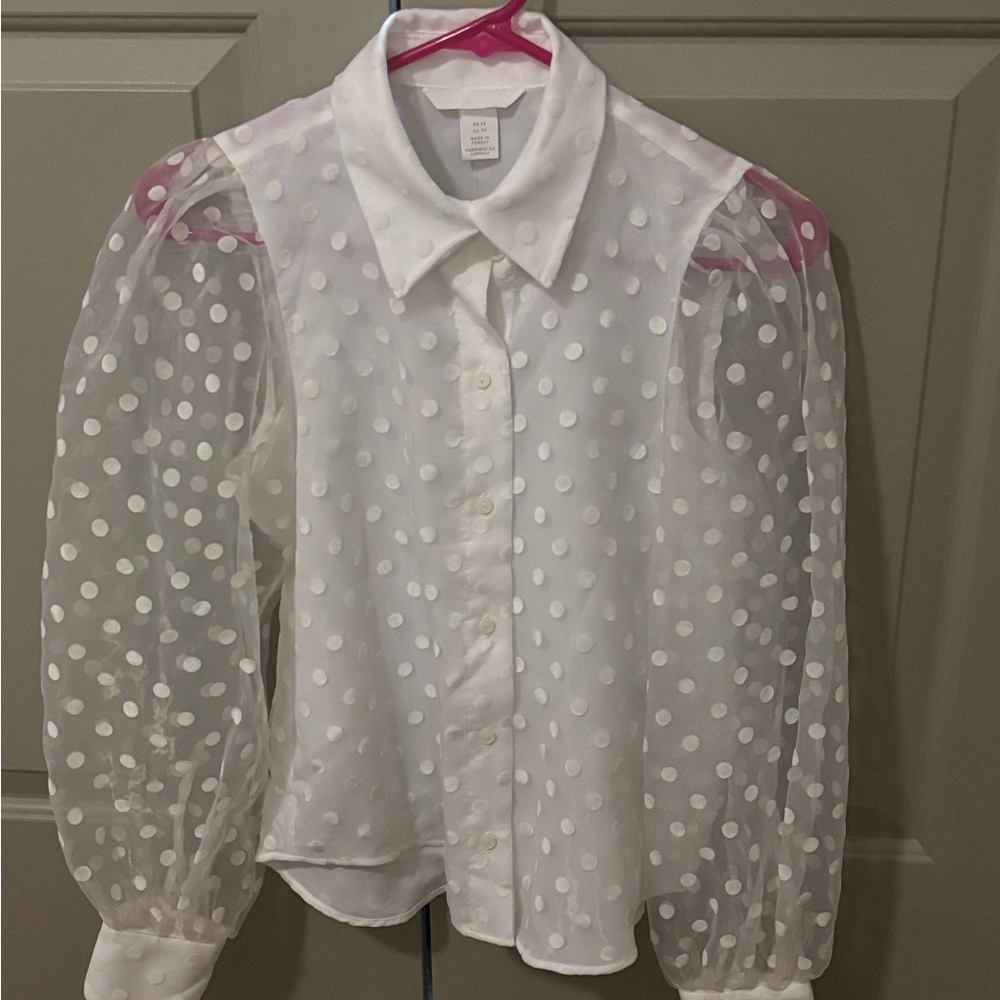 White Polka Dot Sheer Sleeve Blouse